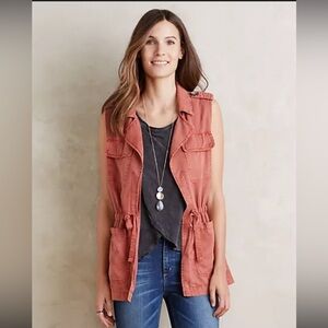 Sanctuary Vest Womens Orange Utility Casual Cinched Tie Waist Collared